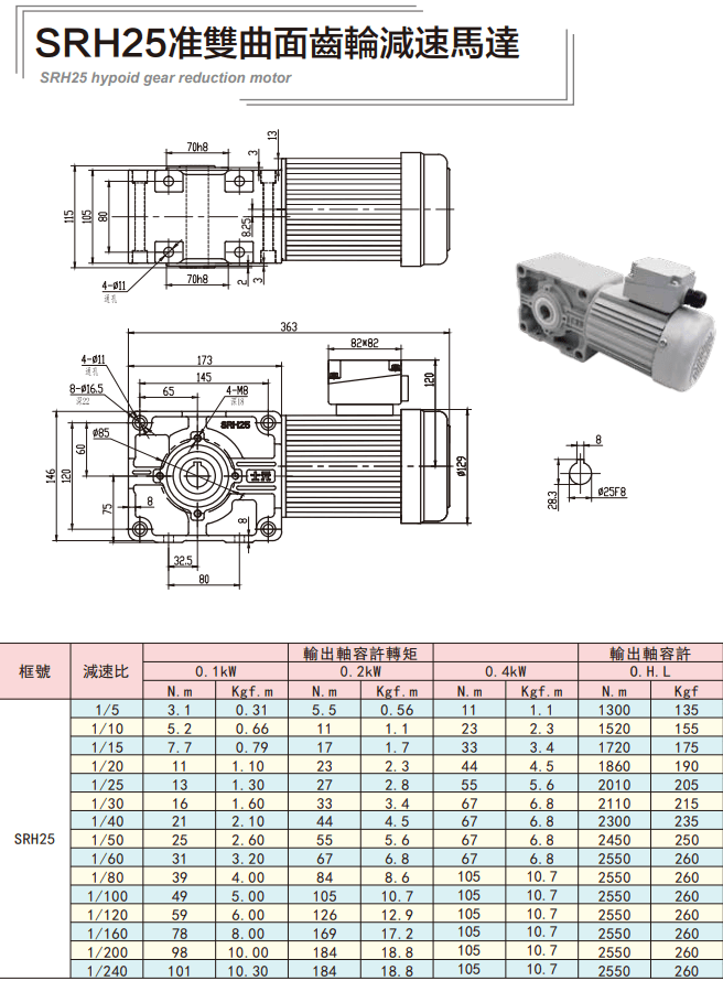 SRH25準(zhǔn)雙曲面齒輪減速馬達(dá)圖紙及性能參數(shù)