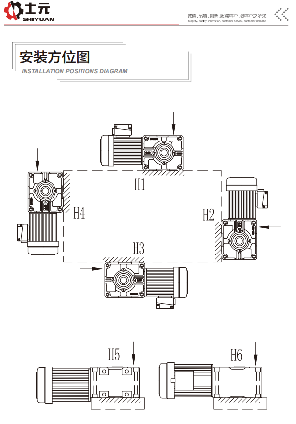 臺灣士元SRH型準(zhǔn)雙曲面齒輪減速馬達(dá)安裝方位圖