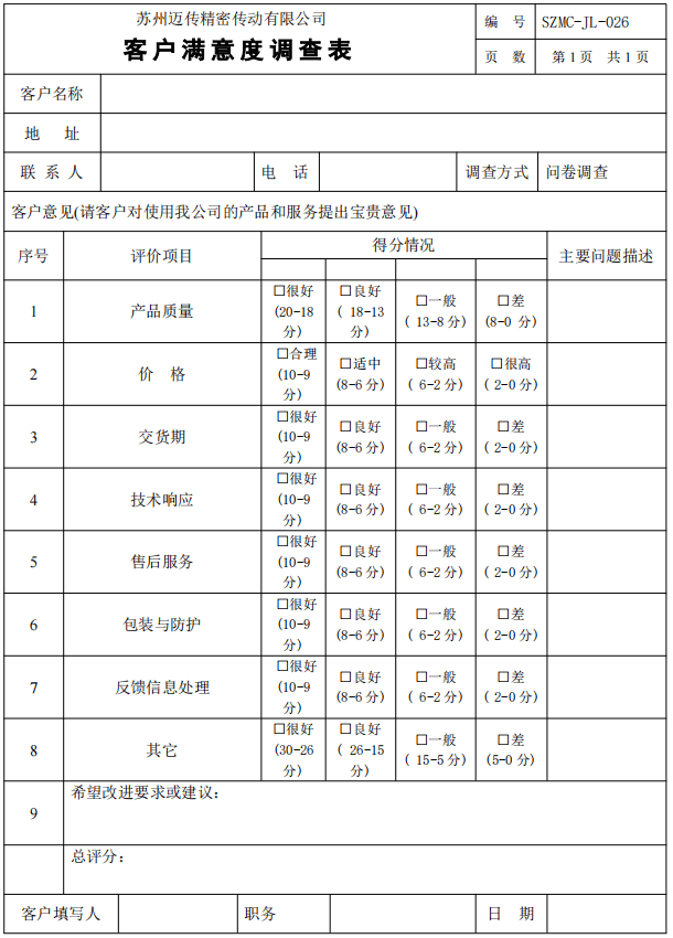 2021!蘇州邁傳減速機客戶滿意度調(diào)查表